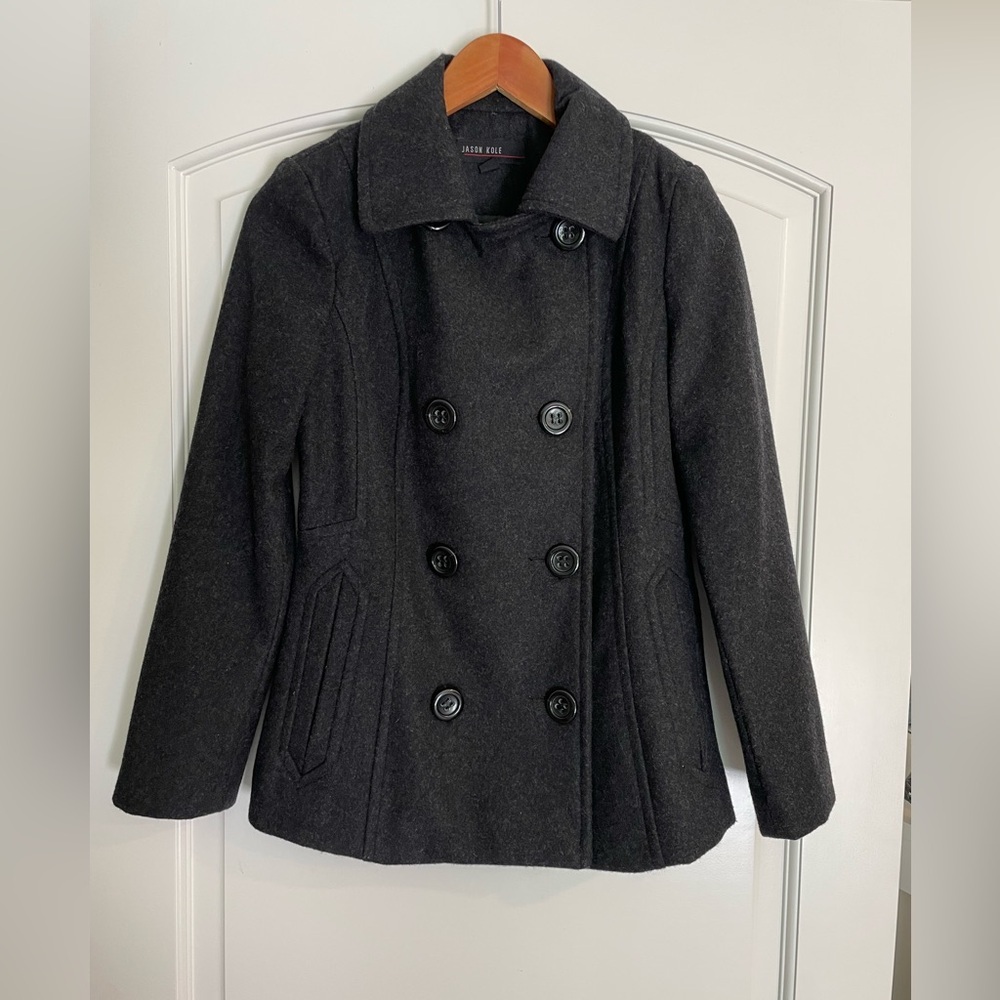 Jason Kole Women’s Wool Blend Double-Breasted Charcoal Gray Peacoat